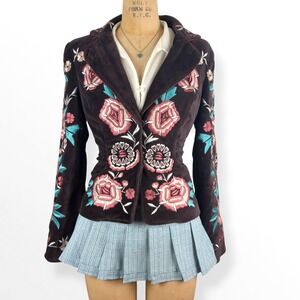 Vtg Cache Floral Embroidered Brown Velvet Fitted Blazer Jacket Sz 4 Y2K Western